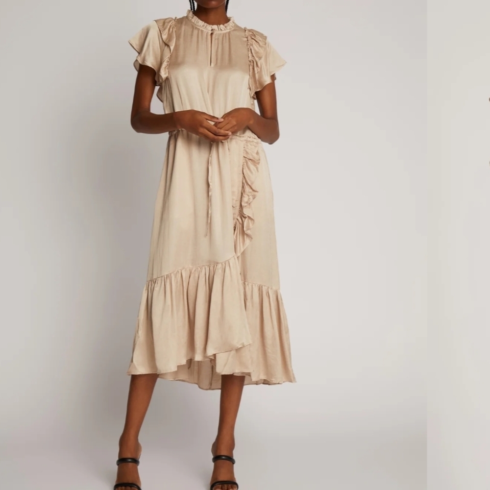 Satin Mocha Beige Ruffle Short Sleeve Dress